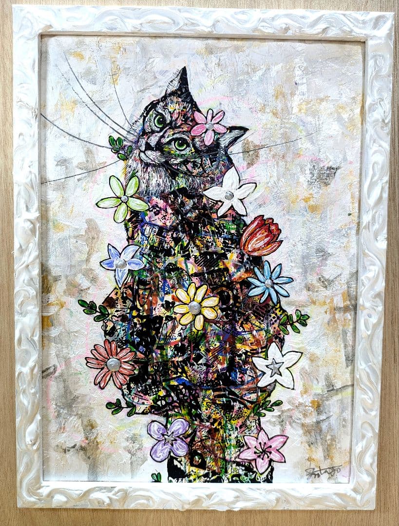ぷ*ん様 手作り額付き絵画　title「引き寄せニャンコ」