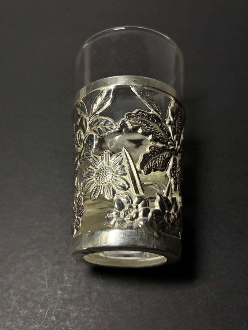 銀製 刻印有 銀被せ 透かし グラスカップ｜純銀装飾 約12g｜アンティーク酒器