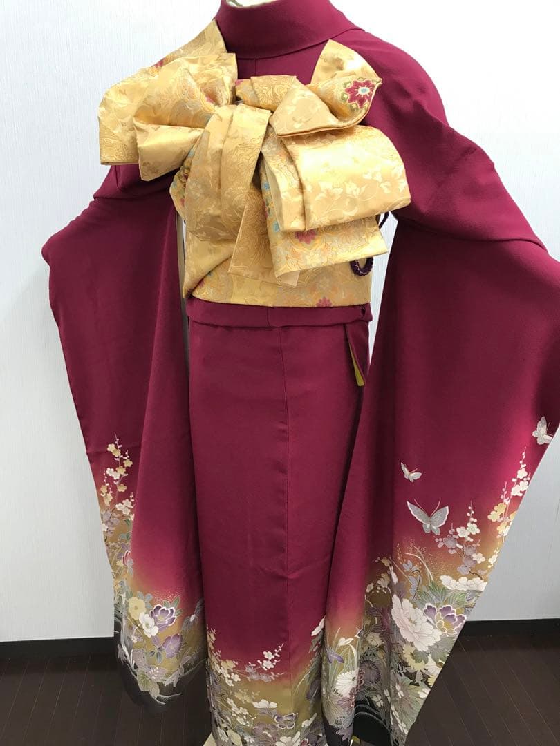 梅乃【055】正絹　振袖　セット深みのボルドー　大人レッド　シック