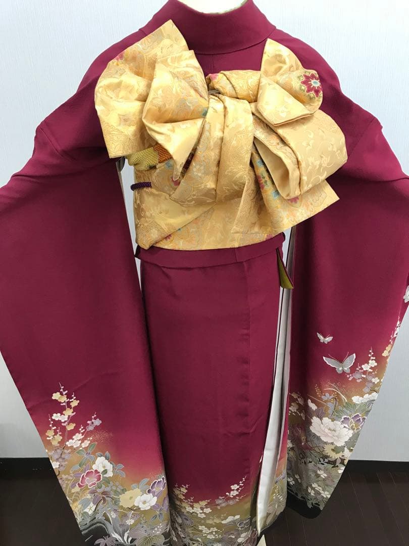 梅乃【055】正絹　振袖　セット深みのボルドー　大人レッド　シック