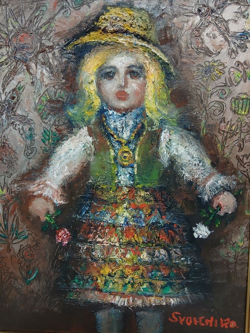 油彩画　人形　F6号『竹中　尚一郞』作者　・額サイズ495×590 ゴールド