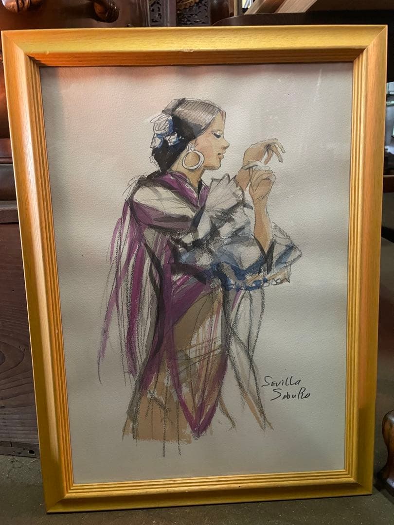 真作　蔵出し　斎藤三郎作「セビリヤの娘」(二科会員) 水彩　作者直筆サイン