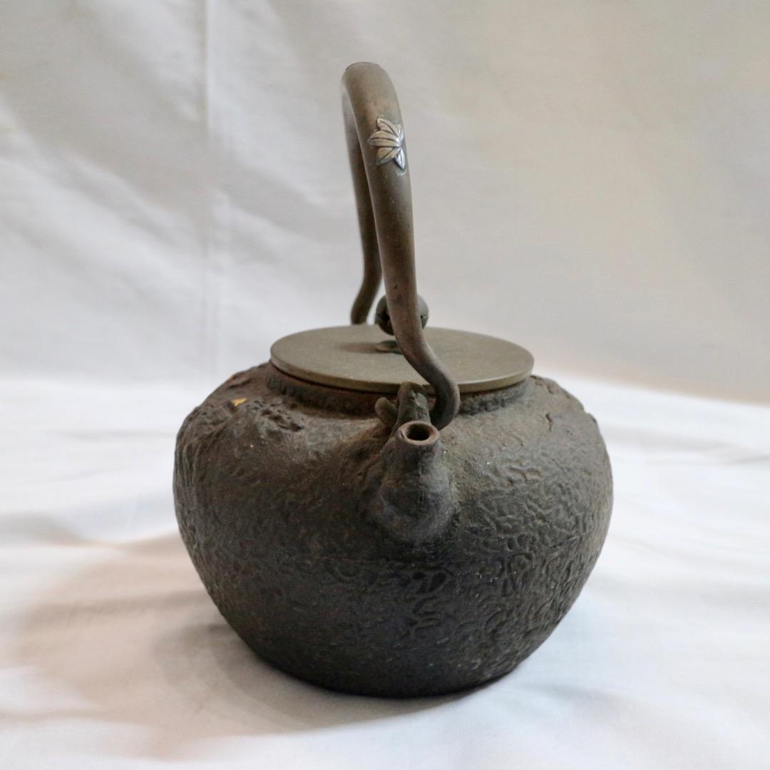 亀文堂 造 日本亀文 鉄瓶 金銀象嵌 岩肌地 骨董美術 茶道具 重量約2329g