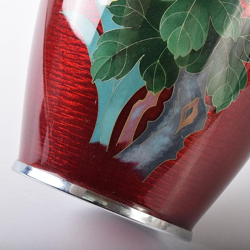 七宝焼　赤透明釉　四君子文　花瓶　唐木台付　共箱　M　R8361