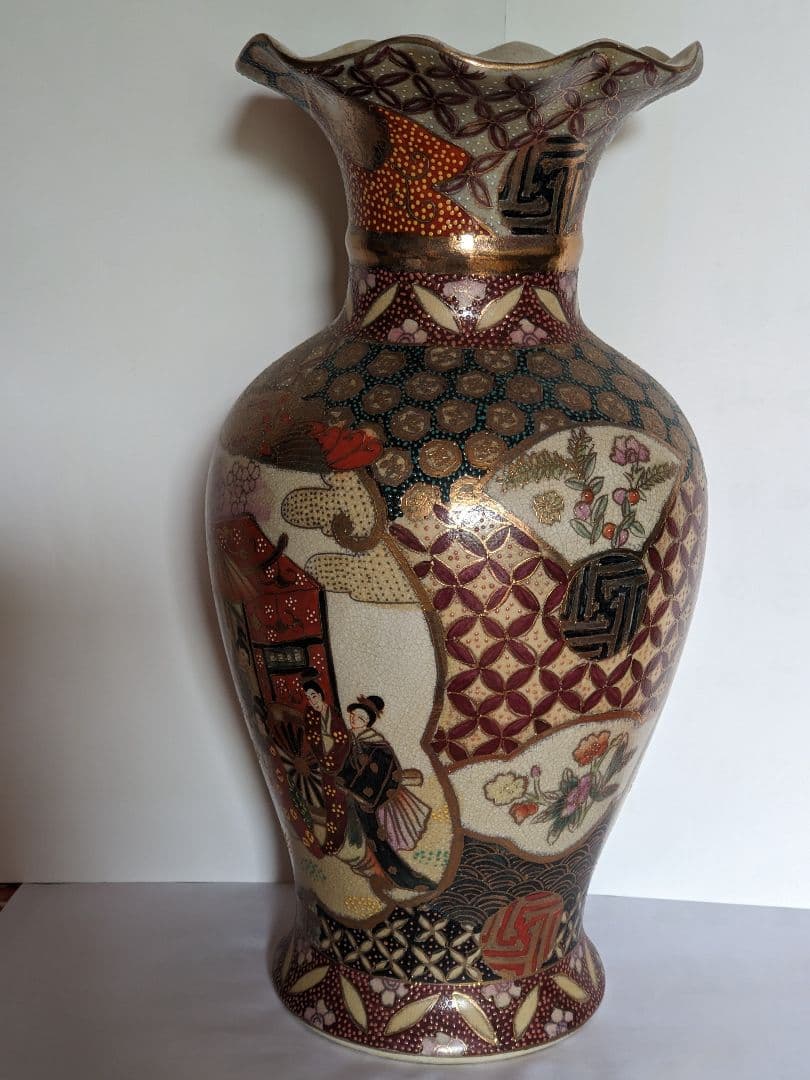 ♦越前 九谷焼 金彩色絵 花車遊女図 飾り壺 瓶花瓶 工芸品 コレクション骨董品