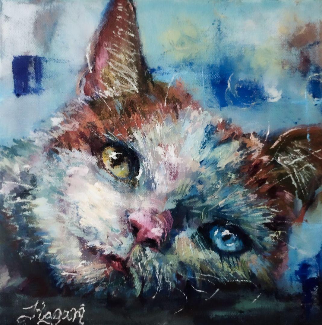 油彩画『碧瞳吉兆』原画 一点物 開運アート インテリア