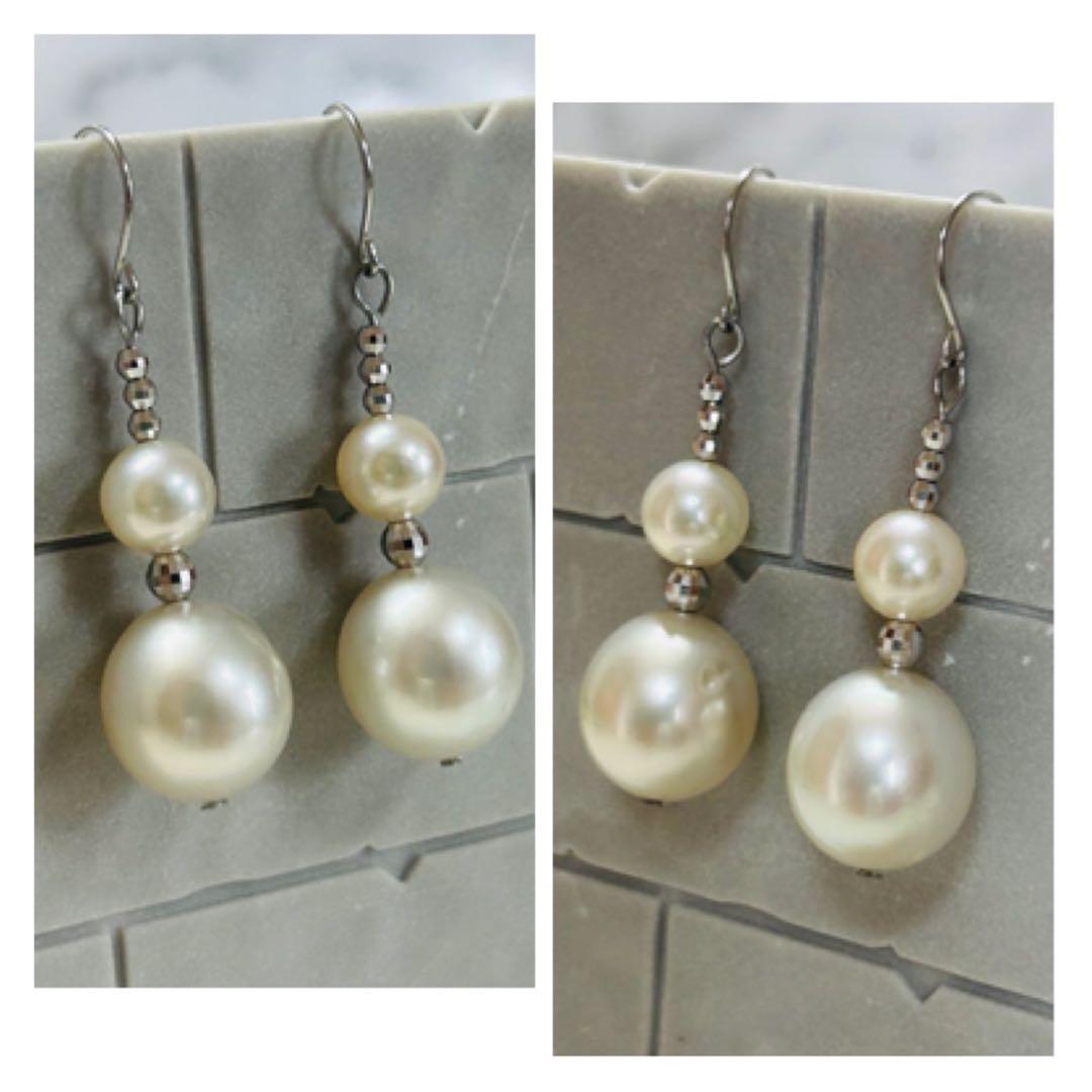 (M0124-2)PT,K18WG南洋白蝶真珠＋アコヤ花珠真珠アメリカンピアス