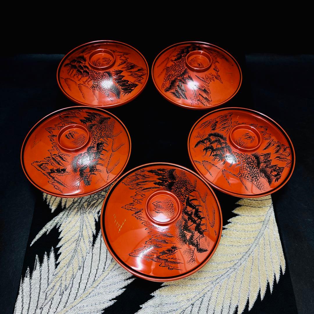 希少品　漆器　輪島塗　金彩細工　蒔絵　木製　蓋付椀　お煮物椀　吸物椀　5客