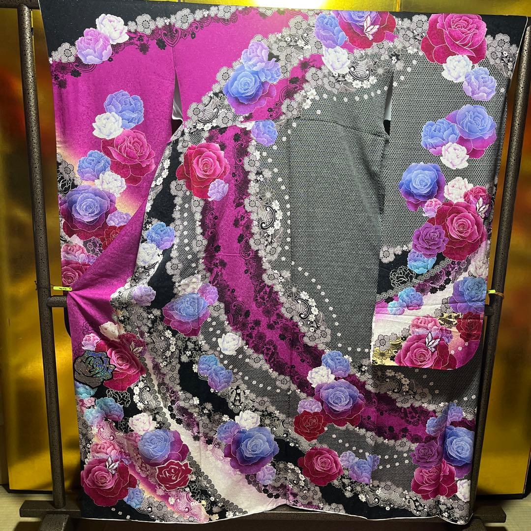 振袖　正絹　成人式　黒　ローズピンク