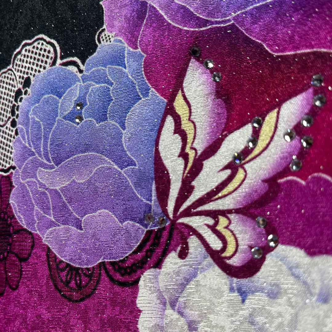 振袖　正絹　成人式　黒　ローズピンク