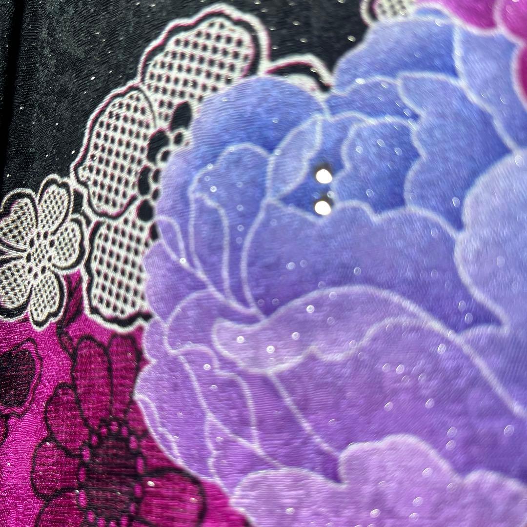 振袖　正絹　成人式　黒　ローズピンク