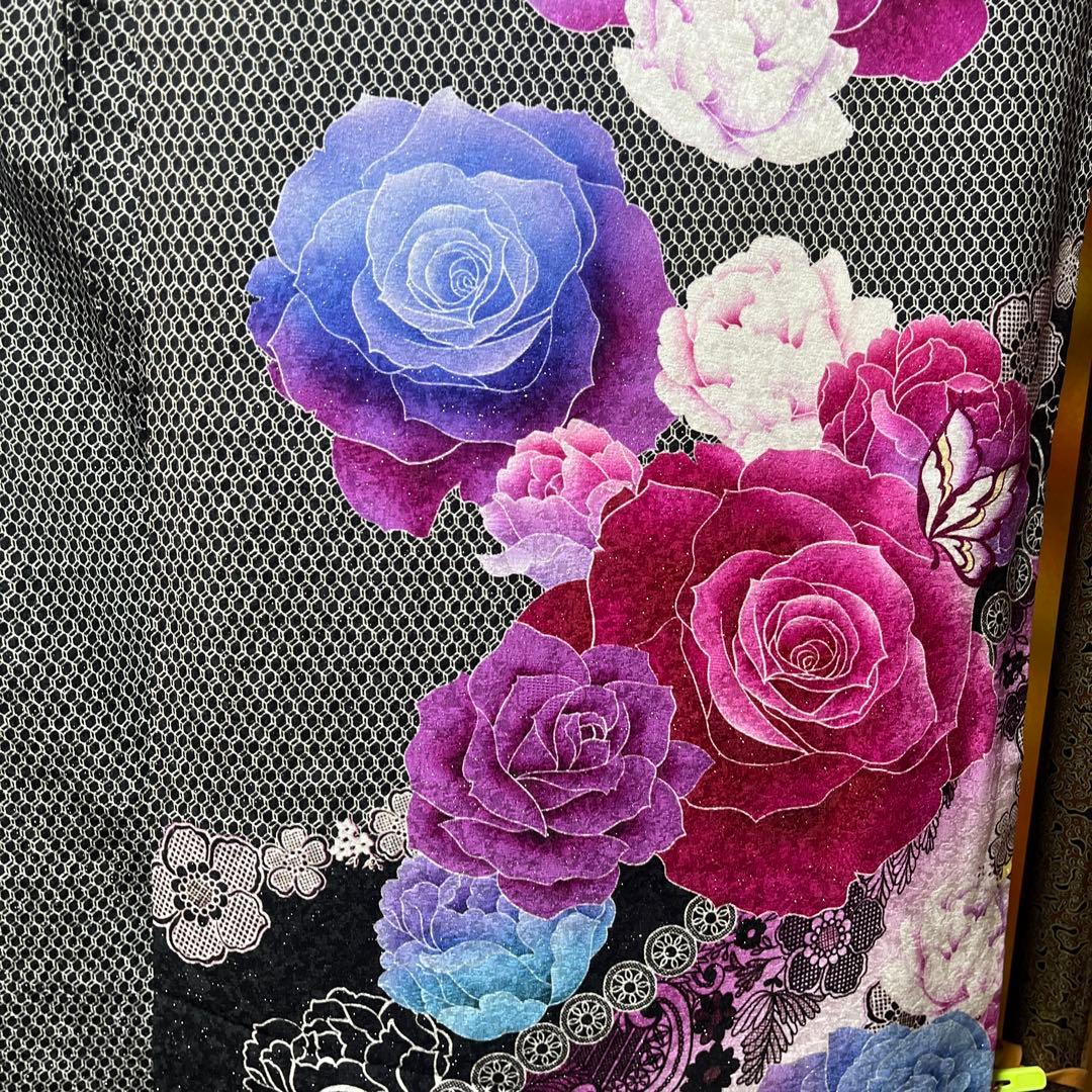 振袖　正絹　成人式　黒　ローズピンク