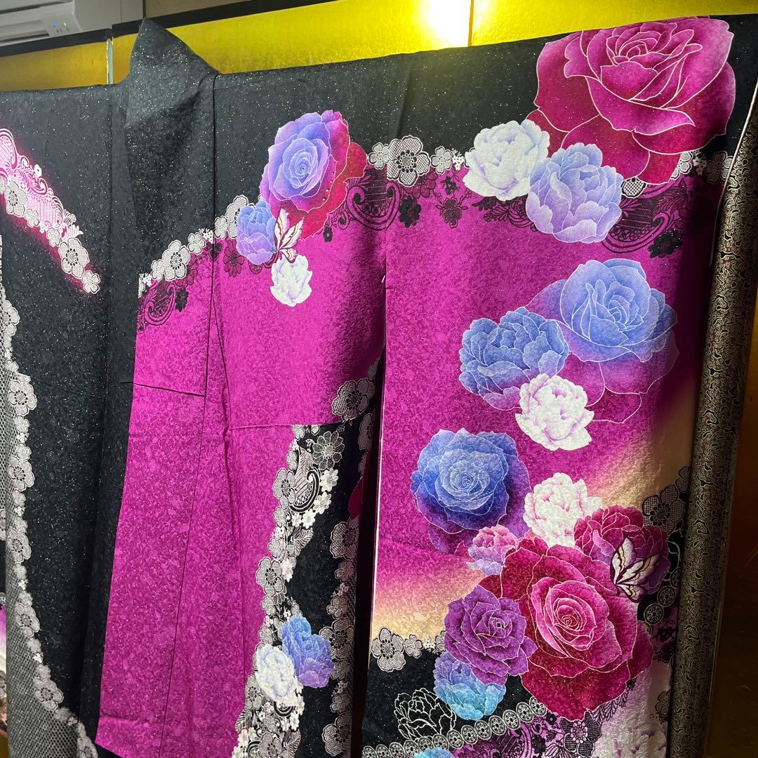 振袖　正絹　成人式　黒　ローズピンク