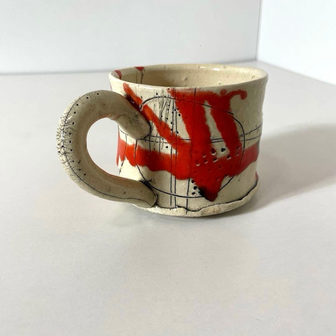 #XG539 陶芸家・山田和・赤釉織部珈琲碗・織部焼・茶碗・酒器・茶道・未使用品