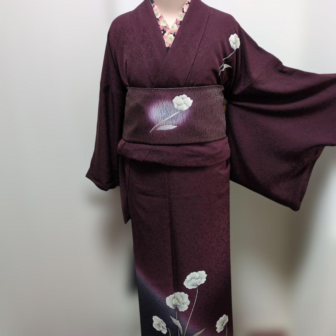 付下げ ワインレッド 花柄刺繍着物とお太鼓柄の帯セット