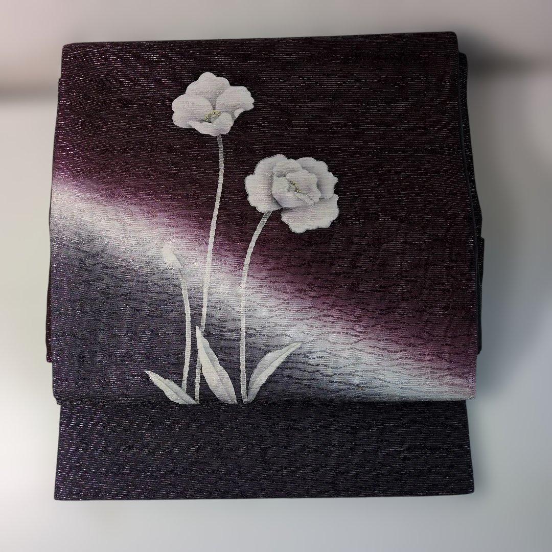 付下げ ワインレッド 花柄刺繍着物とお太鼓柄の帯セット