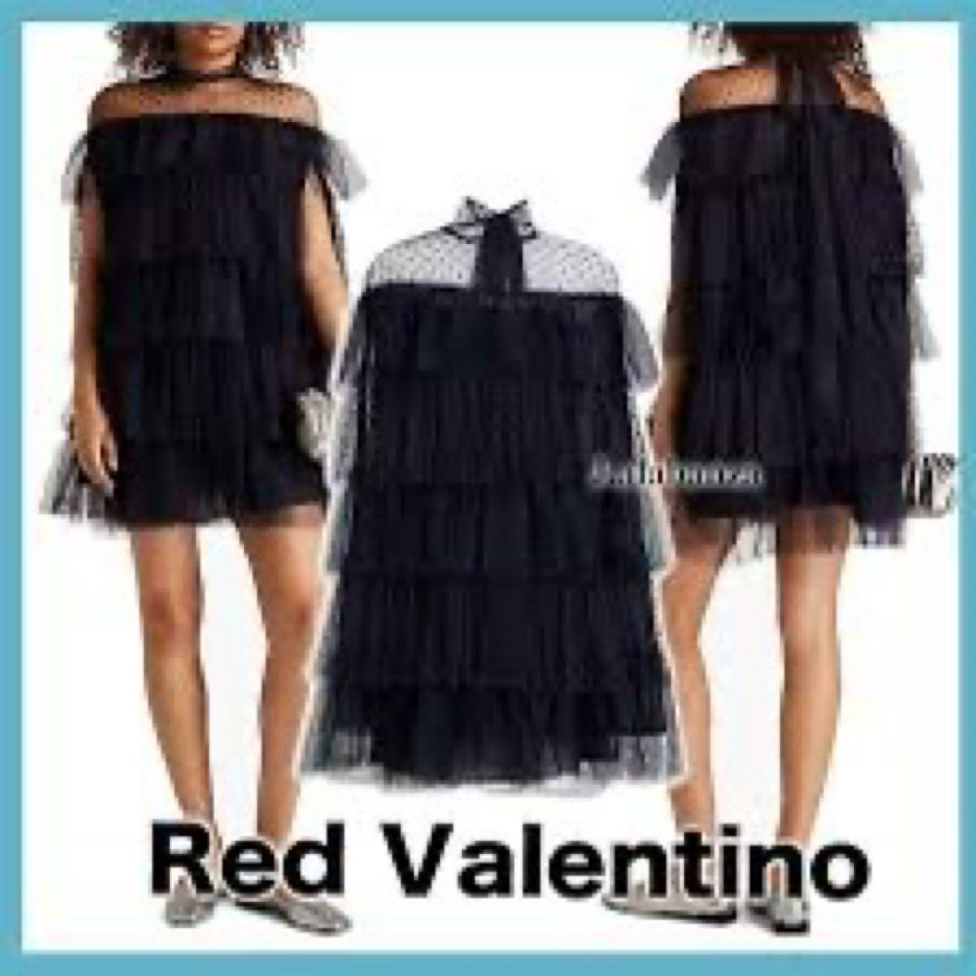 RED VALENTINOブラックドットチュールティアードミニドレス