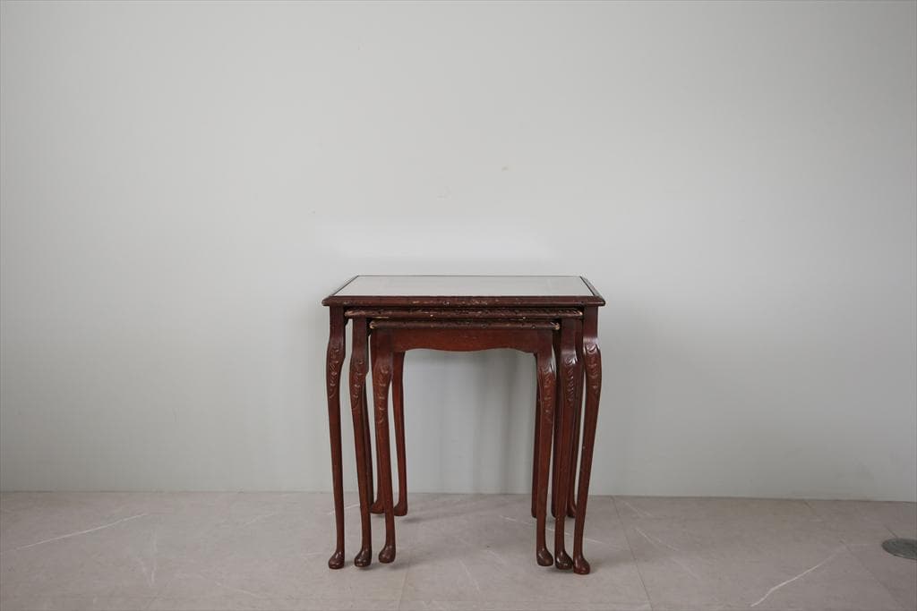 英国アンティーク猫脚ネストテーブル3台/木製机/サイドテーブル(88-83)