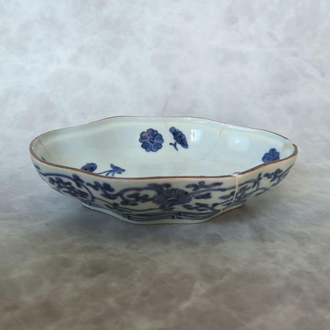 古伊万里　藍柿手　染付　向付　桜　江戸時代　骨董　金直し　金継ぎ　アンティーク