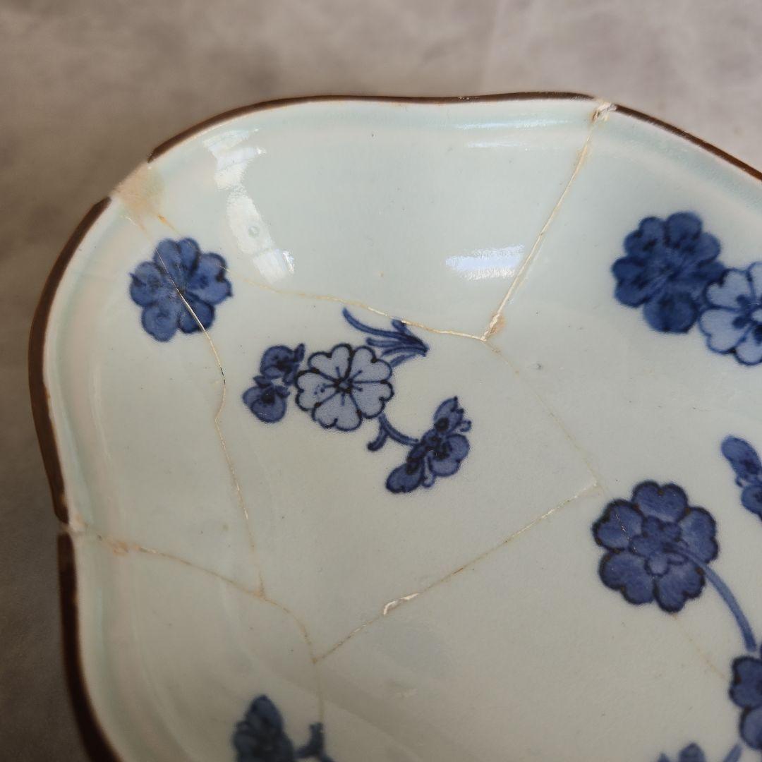 古伊万里　藍柿手　染付　向付　桜　江戸時代　骨董　金直し　金継ぎ　アンティーク