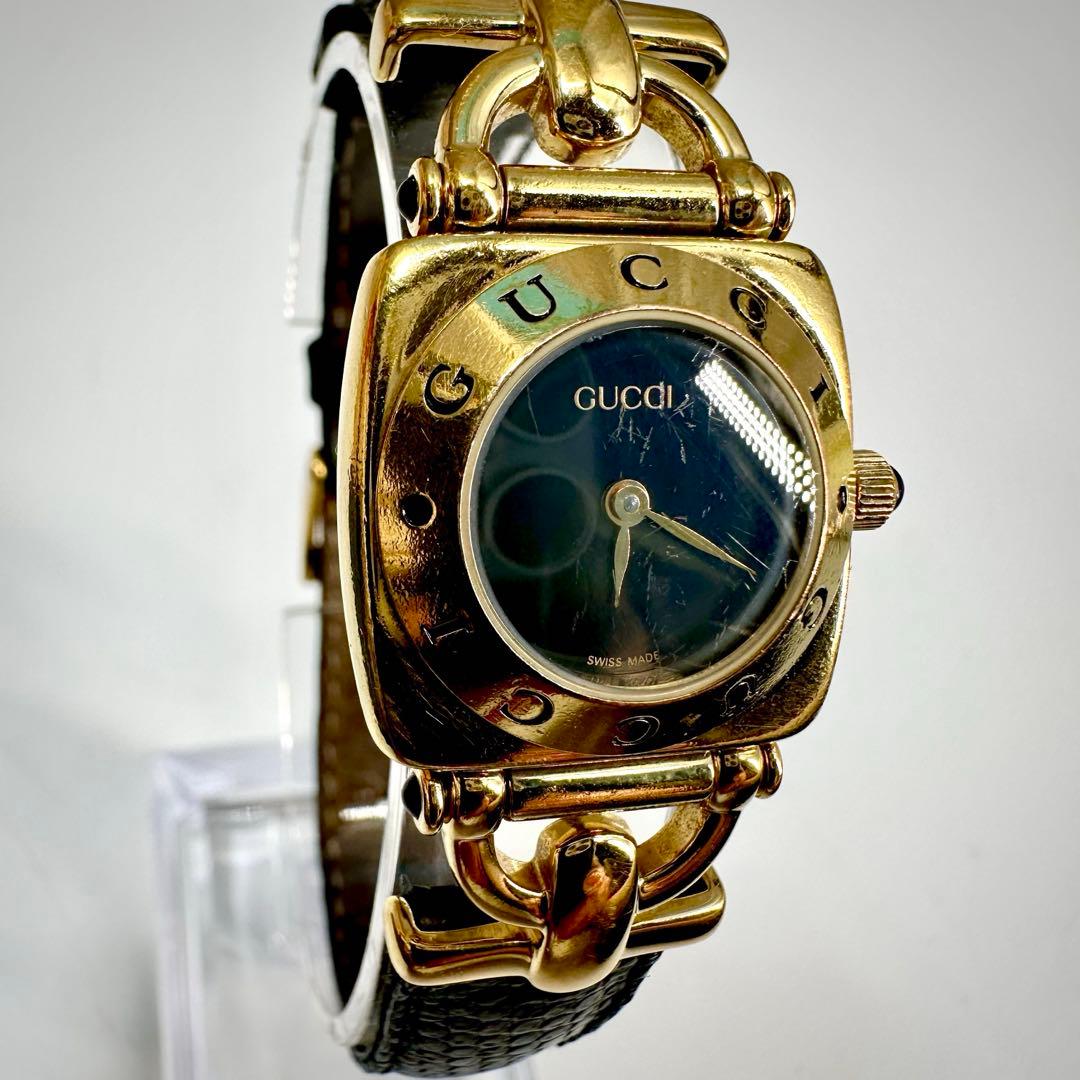 GUCCI★グッチ 時計 ホースビット腕時計 レディースゴールド 黒レザーベルト