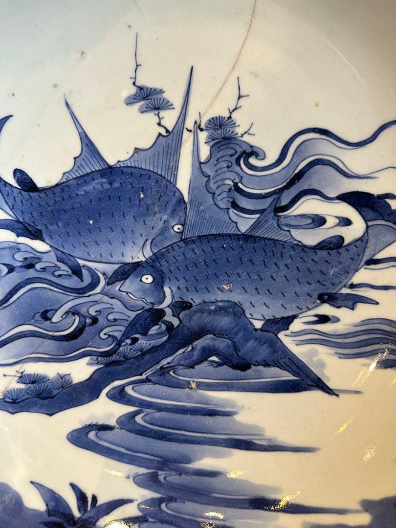 古伊万里　魚紋様　染付　大皿　江戸時代中期　有田焼き