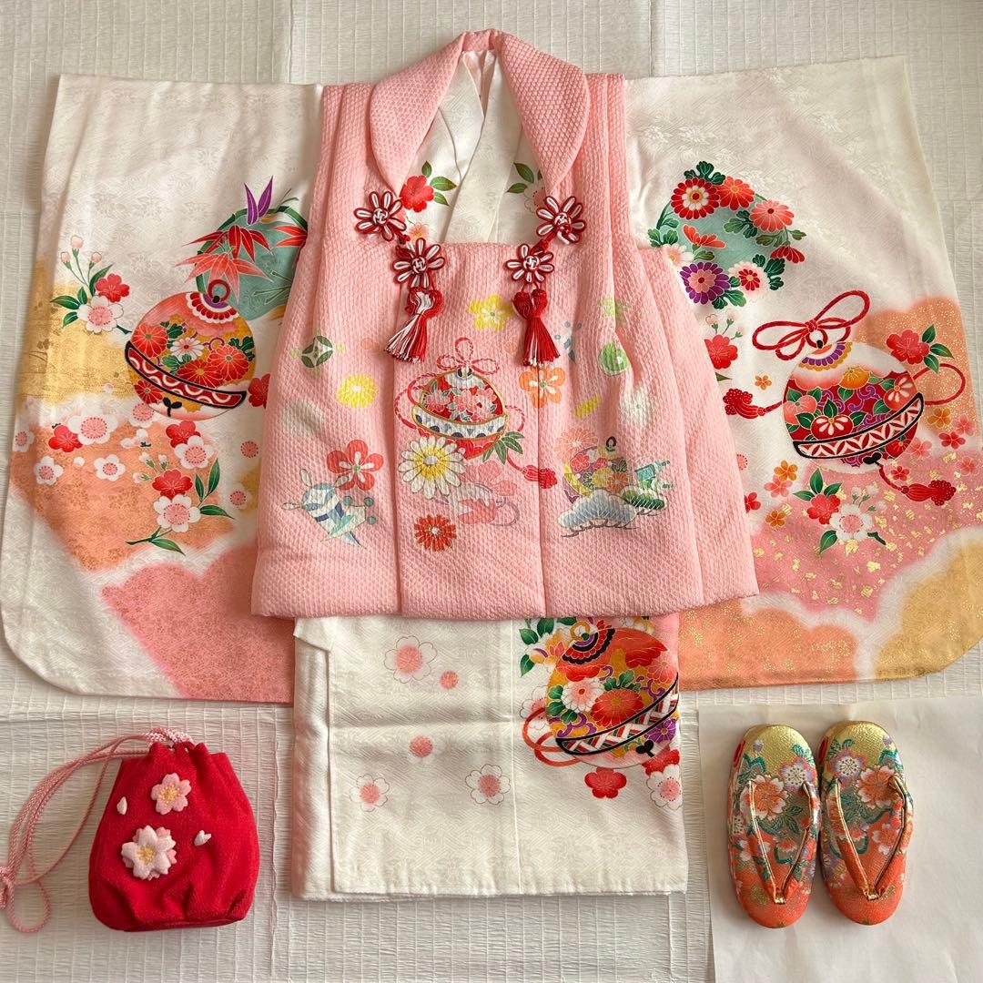 七五三 3歳 被布 着物 絹 三歳 白 ピンク 草履 753 巾着 女の子