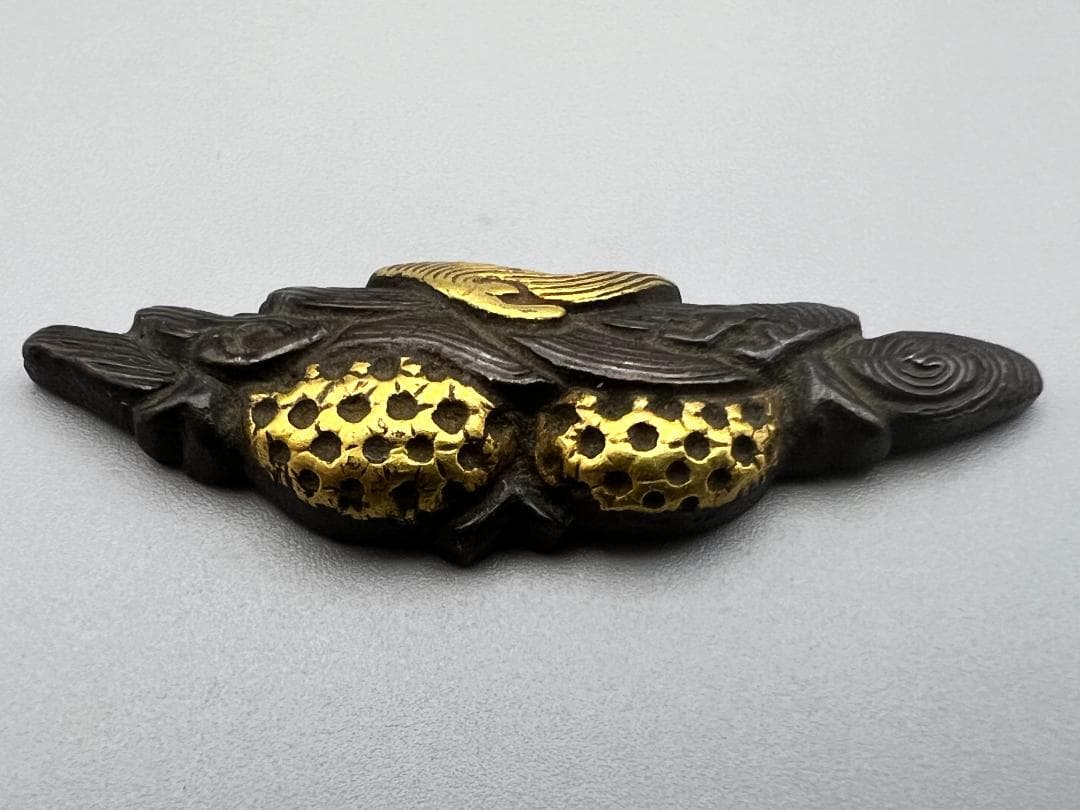 【海】江戸明治期　目貫　龍　天使　武士文など　銅鉄　金銀象嵌　5点　骨董品