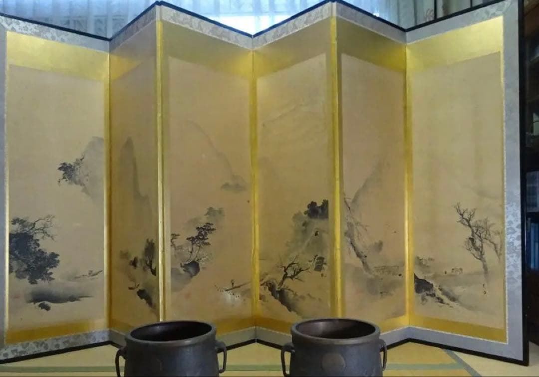 六つ折り屏風　古美術品　アンティーク＜25b18＞