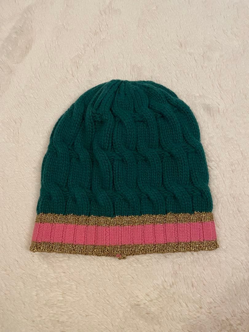 GUCCI ケーブル編みニット帽 M グリーン、ゴールド、ピンク　仲里依紗着用