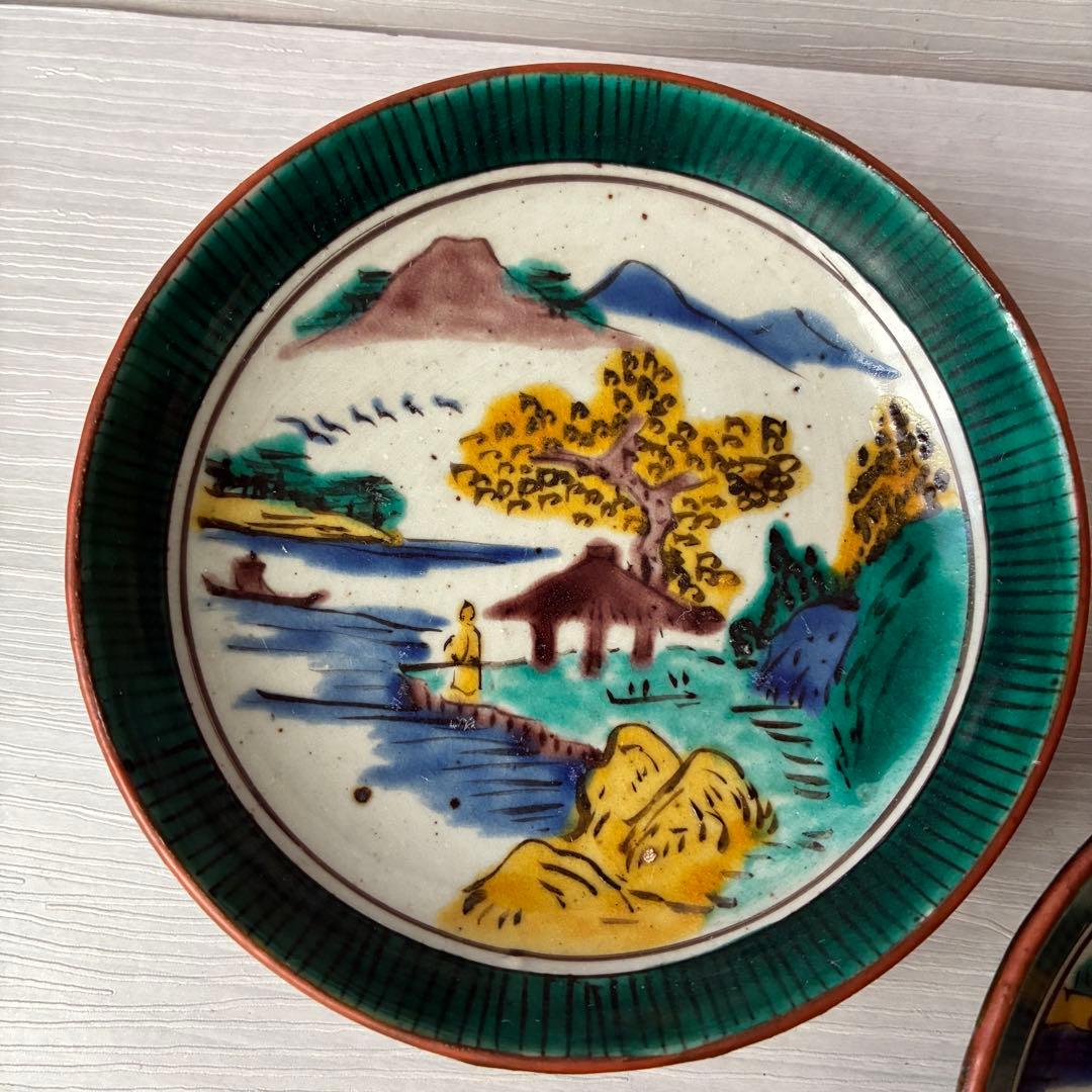 【1枚難あり】九谷焼　吉田屋窯　小皿　角福　山水　青手　年代物　共箱　和食器