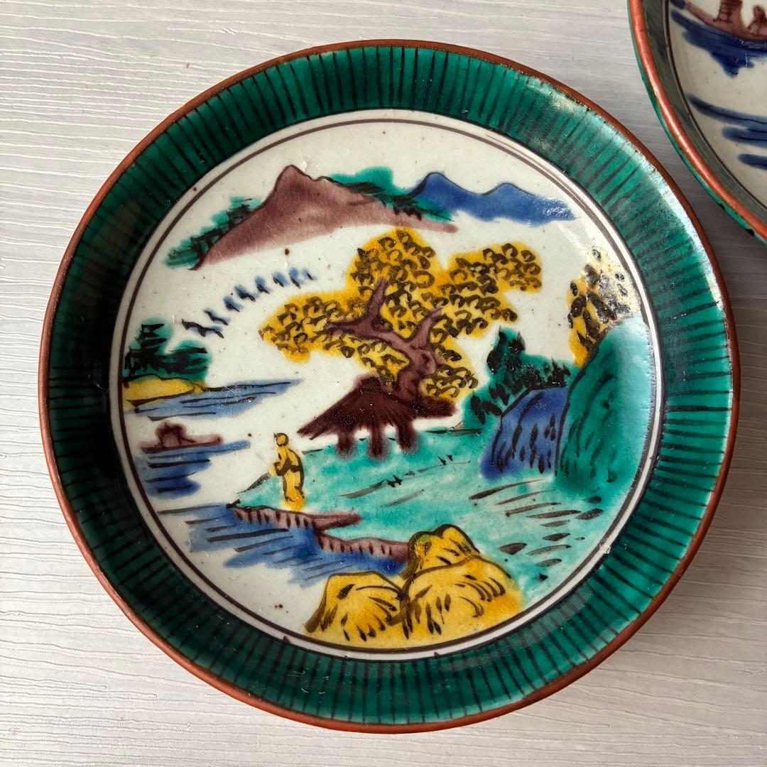 【1枚難あり】九谷焼　吉田屋窯　小皿　角福　山水　青手　年代物　共箱　和食器