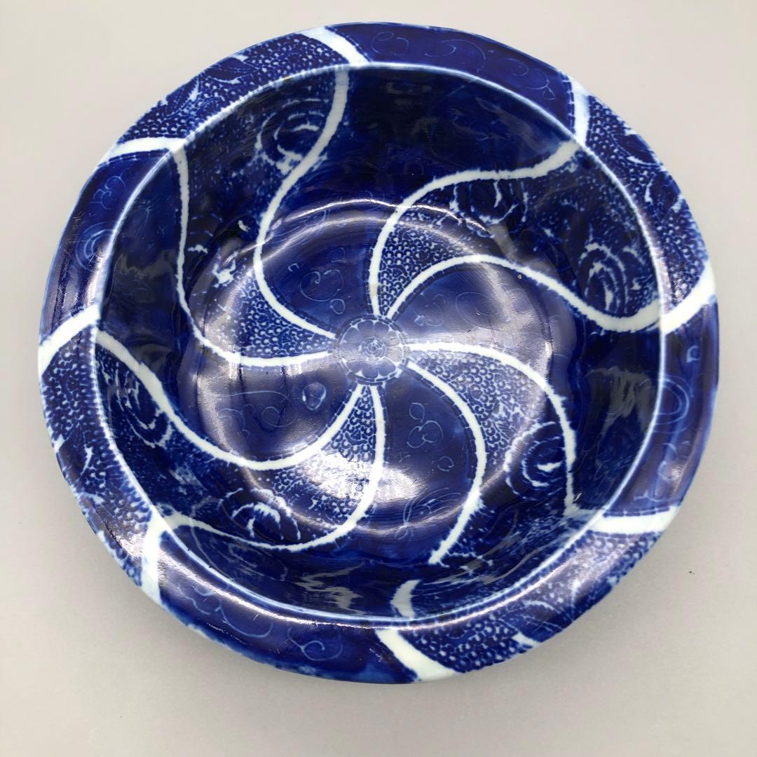明治時代古伊万里渦巻き花微塵唐草文様ベロ藍印判手鉢ボウル26cm伊万里焼骨董品