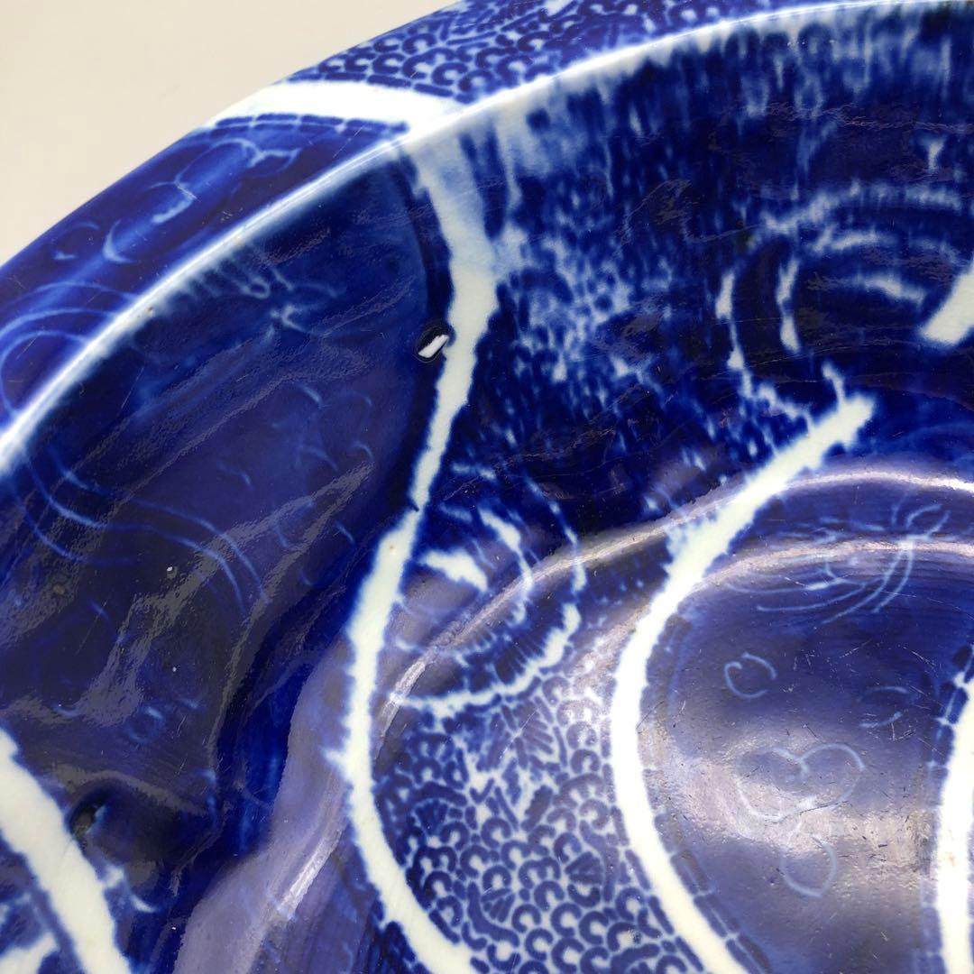明治時代古伊万里渦巻き花微塵唐草文様ベロ藍印判手鉢ボウル26cm伊万里焼骨董品