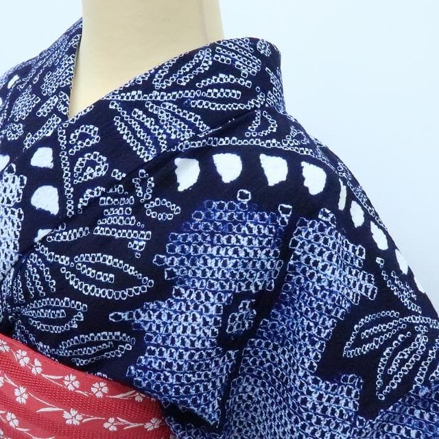 Y3387◆美品 有松鳴海絞り 綿 背・胸当て付 手縫い 高級浴衣 洗える夏着物