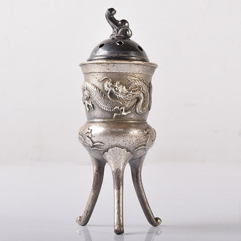 中国　白銅　龍神獣刻　純銀火屋約18g付　三つ足香炉　U　R8073