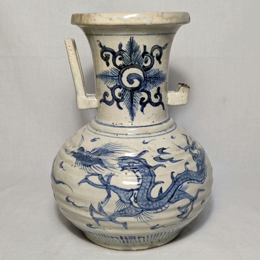 明治大正期 伊万里焼 染付雲龍文耳付花瓶 有田焼 花入 花器 フラワーベース