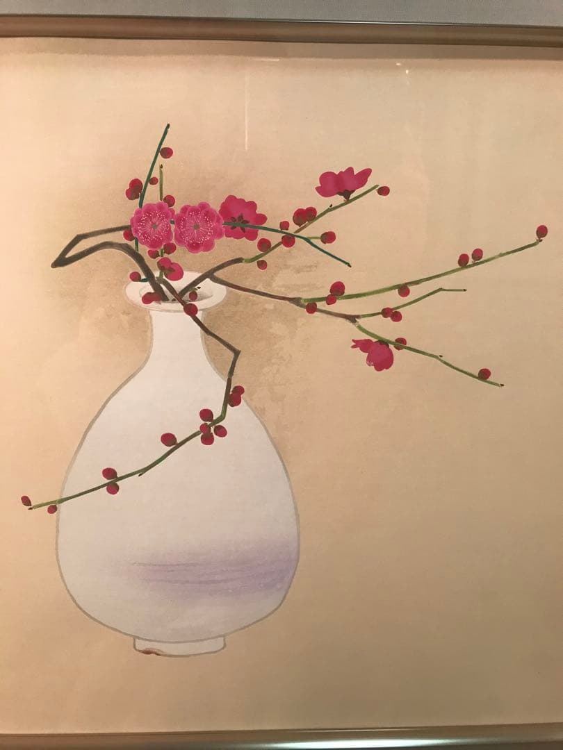 安田靫彦「紅花白瓶」木版画　刷り込みサイン・落款・作品証明シール・作品証明書有り