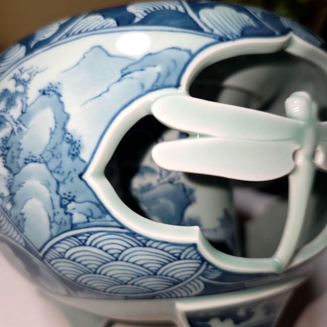 青雲窯 有田焼 染付祥瑞 山水風景図 青雲 茶道具 透かし彫り蜻蛉 三つ足香炉