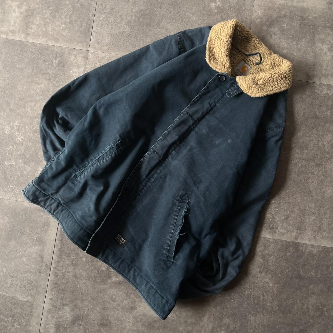 00s Carhartt ダック地デッキジャケット 紺 XL A691 裏ボア