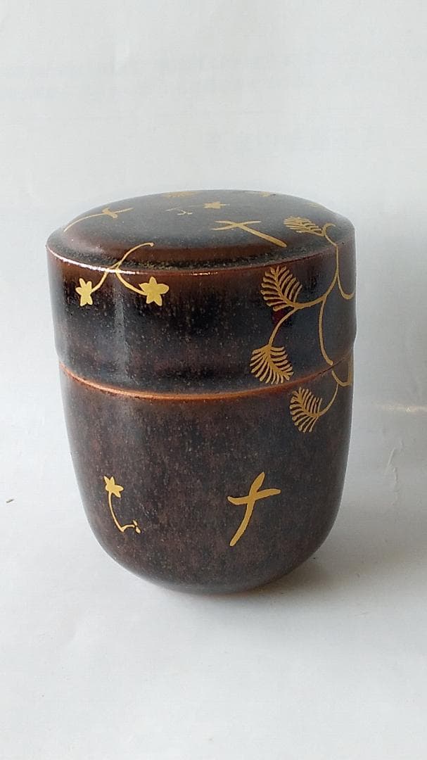 珍品 膳所焼 淡海ぜぜ 陽炎園 岩崎健三 作 陶器製 金彩 蝶鳥棗 茶道具 新品