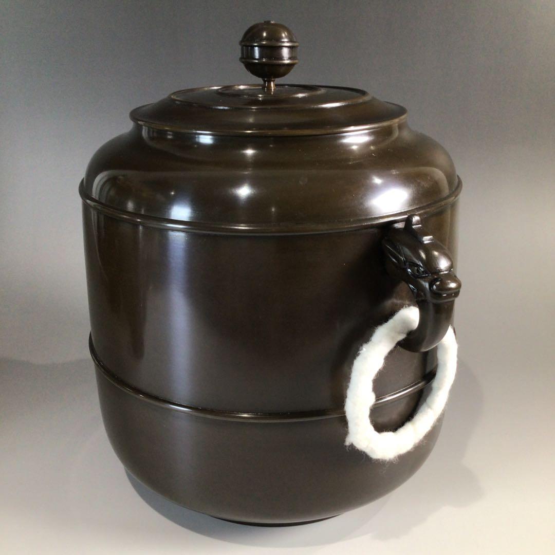 Ｐ３８１　皆具　『藤井宗喜造』『唐銅』『鬼面釻』『水指　建水　蓋置　杓立』　共箱