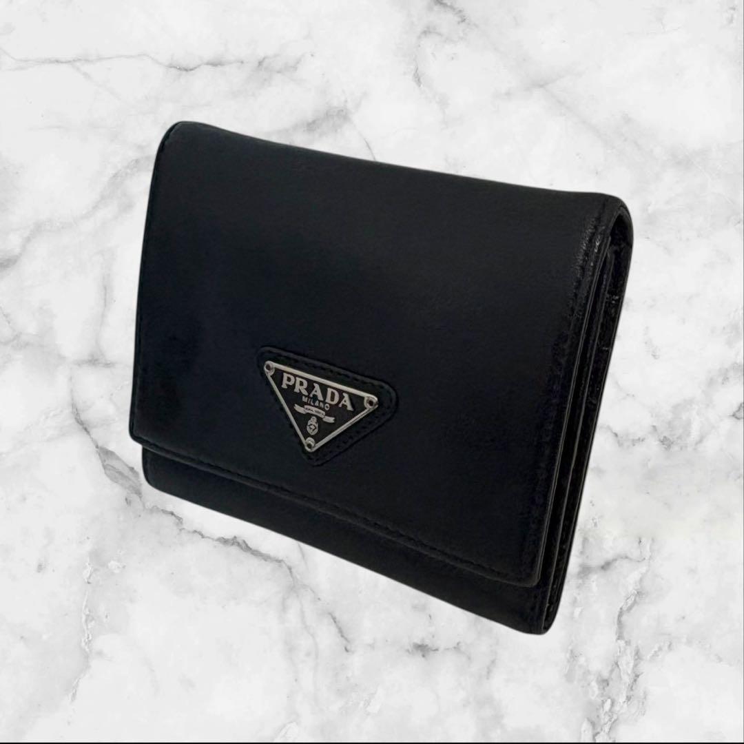 極美品✨ PRADA プラダ 三つ折り財布 オールレザー ブラック 黒