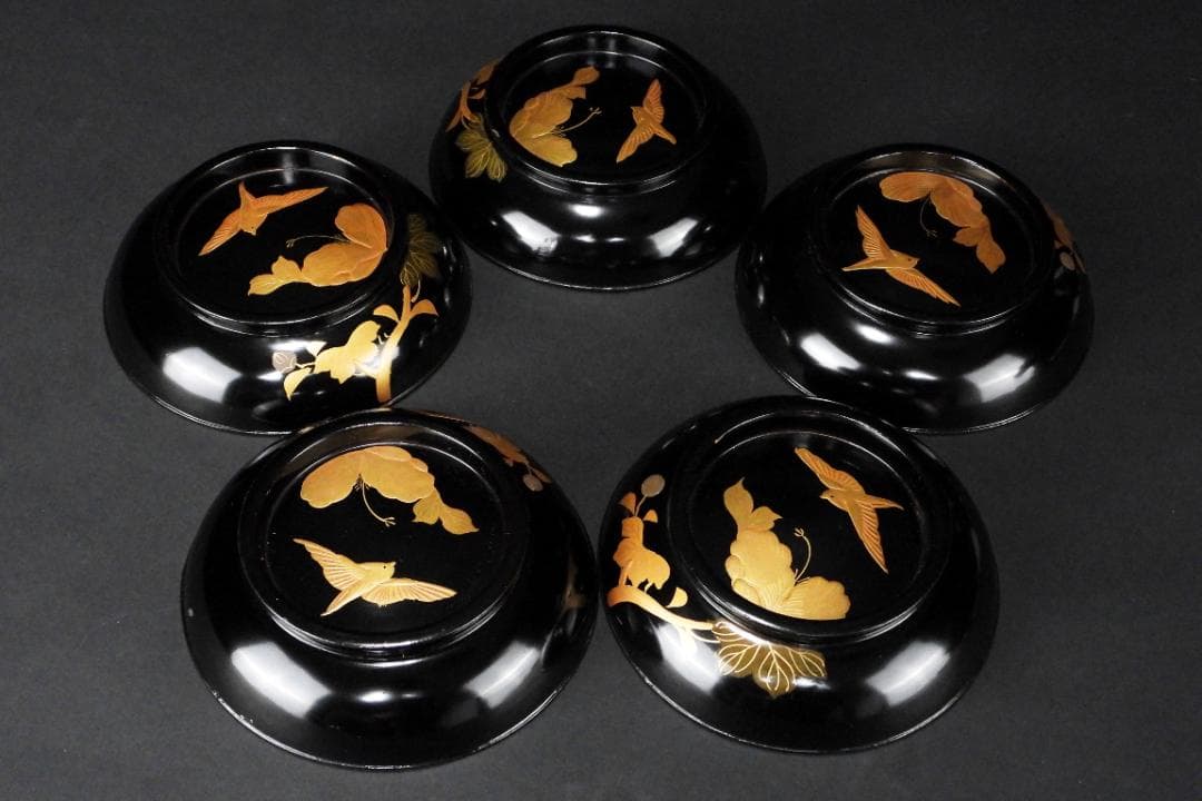 輪島塗 花鳥紋 金蒔絵 吸物椀 5客 蓋碗 漆芸 漆器