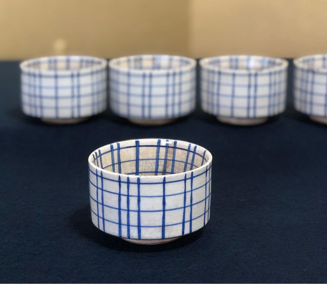 《R》染付 格子文 猪口 湯呑 5客 在銘 懐石 木箱　251020い4