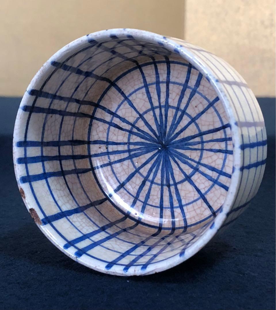 《R》染付 格子文 猪口 湯呑 5客 在銘 懐石 木箱　251020い4