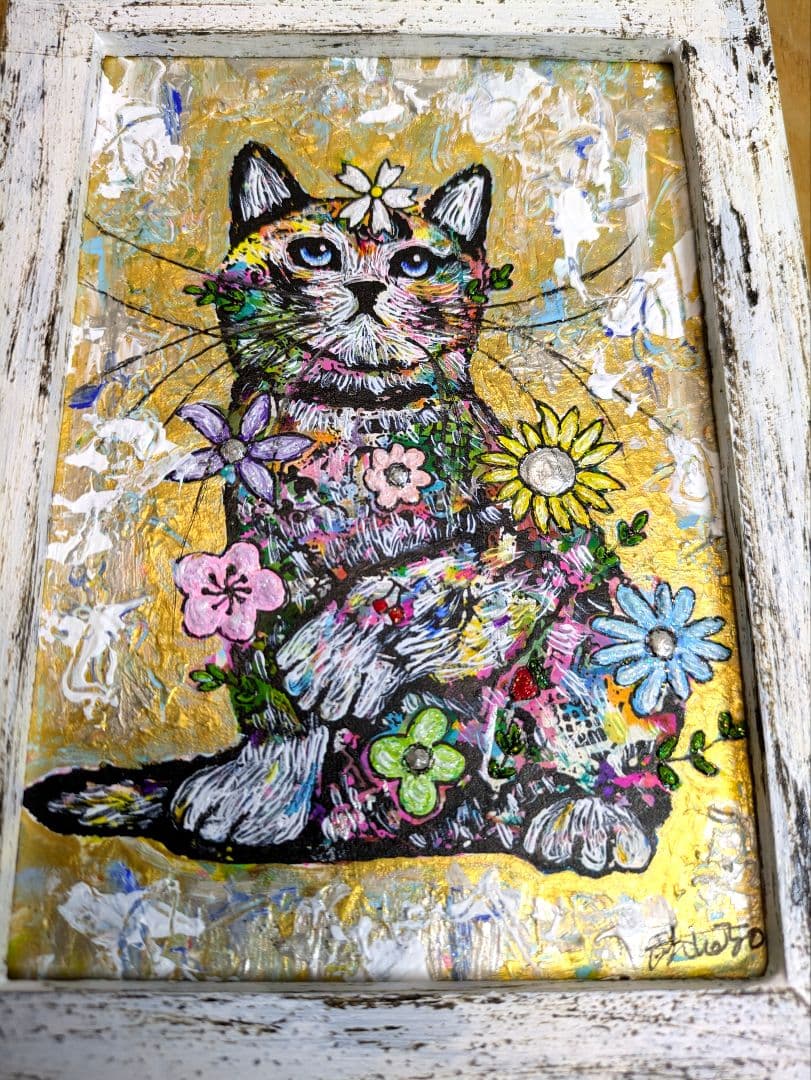 手作り額付き作品　title「蒼天のニャンコ」