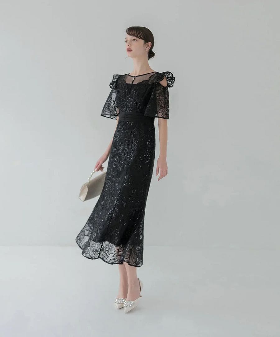 LEJA フラワーレースシアーフリルマーメイドワンピースドレス ブラック