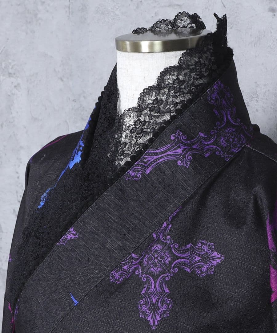 amilige クロス蝶々総柄 浴衣ワンピース＋帯セット ブラック×ブルー