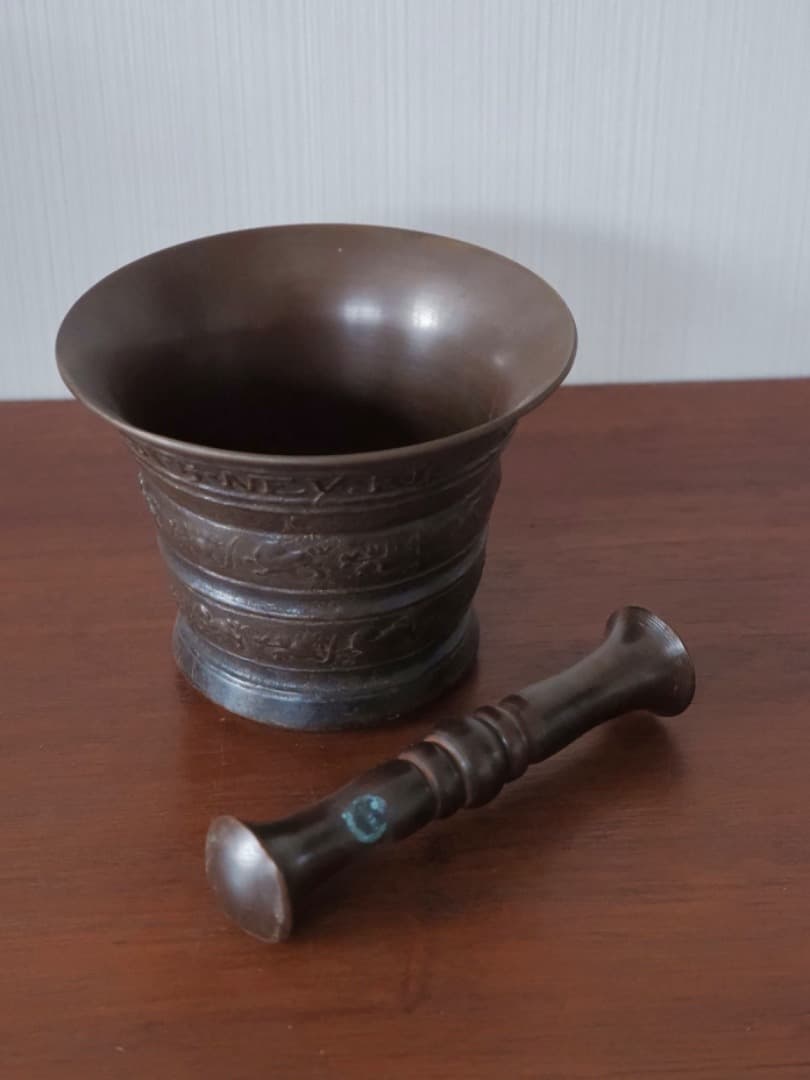 甫安乳鉢　乳棒　鉢　銅製　薬学　薬研　金属工芸　1710g　箱付　Q2315